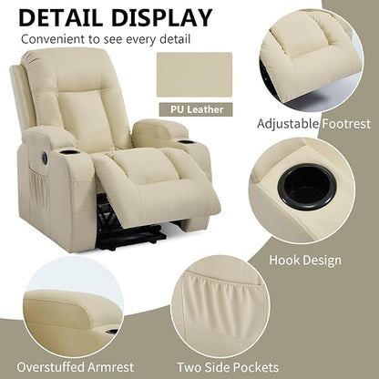PELUMY Manual Lift Recliner Chair for Elderly with Massage & Heat, Oversized Heavy Duty 350 lbs Recliner with Cup Holders & USB Ports, Infinite Positioning Lift Chair (Breathable Leather, Beige)