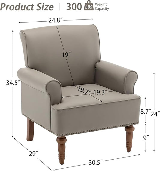 HOMEFLEX Accent Chair, Faux Leather Living Room Chairs with Nailhead Trim, Mid-Century Lounge Armchair with Solid Wood Legs, Comfy Reading Single Sofa for Bedroom, Waiting Room (Grey, 1 Chair)