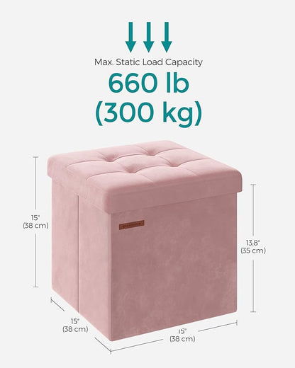 SONGMICS Small Storage Ottoman, Folding Ottoman Cube, 15 x 15 x 15 Inches, Footstool, Footrest, 11 Gal. (43 L), Velvet Surface, for Bedroom, Living Room, Dorm, Jelly Pink ULSF227R01