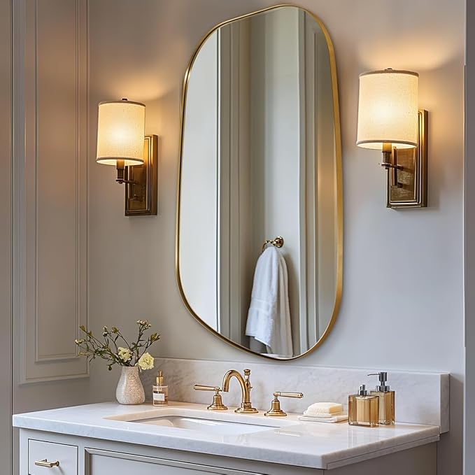 ANDY STAR 30"x48" Gold Wall Mirror，Brushed Brass Irregular Bathroom Mirror with Stainless Steel Metal Frame, Large Asymmetrical Mirror for Bathroom, Entryway (Horizontal/Vertical)