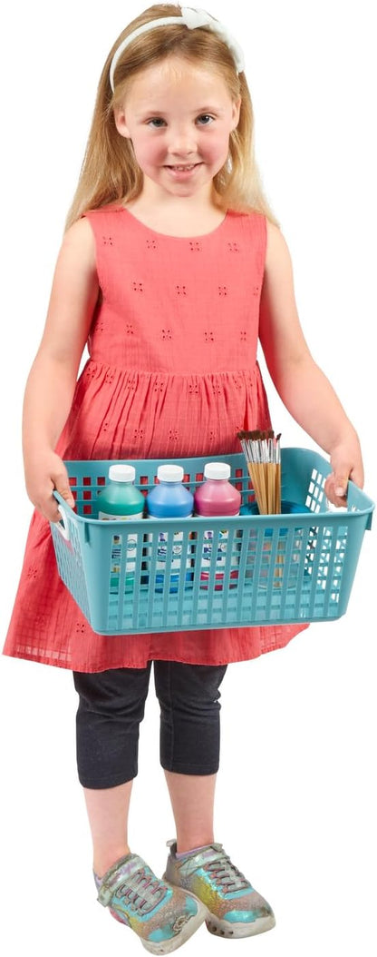 Really Good Stuff 160016WA Multi-Purpose Plastic Storage Baskets for Classroom or Home Use - Stackable Mesh Plastic Baskets with Grip Handles 13" x 10" (Water - Set of 12)