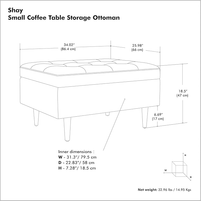 SIMPLIHOME Shay 34 inch Wide Mid Century Modern Small Rectangle Coffee Table Storage Ottoman in Distressed Grey Taupe Vegan Faux Leather, Assembled, for The Living Room and Entryway