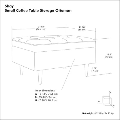 SIMPLIHOME Shay 34 inch Wide Mid Century Modern Small Rectangle Coffee Table Storage Ottoman in Distressed Grey Taupe Vegan Faux Leather, Assembled, for The Living Room and Entryway