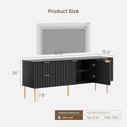 SICOTAS TV Stand for 55/60/65/70 Inch TV - 62 Inch TV Stands for Living Room Entertainment Center with 4 Drawers, Fluted Modern TV Media Console Television Cabinet for Bedroom(Black, 2 Pieces)