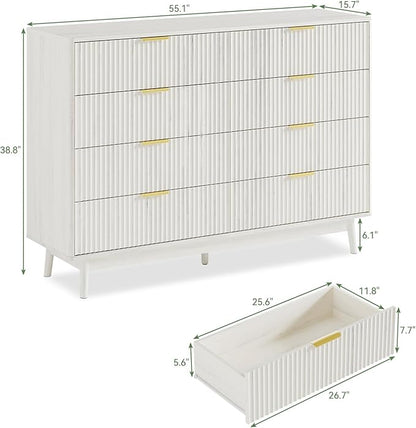 LYNSOM Fluted 8 Drawer Dresser for Bedroom, 55" Wide Modern Chest of Drawers with Curved Profile Design and Metal Handles, Wood Dresser TV Stand & Storage Organizer for Bedroom, Hallway, White
