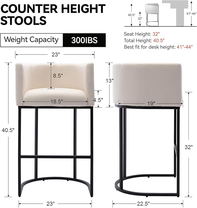 Contemporary Cream Linen Bar Stools Set of 3, 32" Upholstered Fabric Counter Height Bar Stools Kitchen Counter Island Stools with Black Metal Base