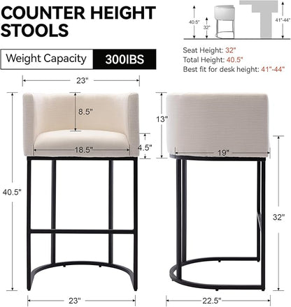 Contemporary Cream Linen Bar Stools Set of 3, 32" Upholstered Fabric Counter Height Bar Stools Kitchen Counter Island Stools with Black Metal Base