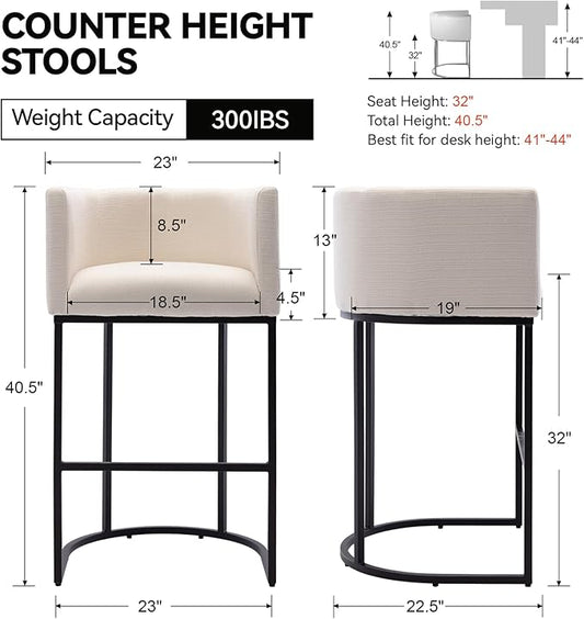 Contemporary Cream Linen Bar Stools Set of 2, 32" Upholstered Fabric Counter Height Barstool Kitchen Counter Island Stools with Black Metal Base