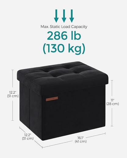 SONGMICS Storage Ottoman, Foldable Small Ottoman Foot Rest, 12.2 x 16.1 Inches Foot Stool, Ottoman with Storage, Load up to 286 lb, for Living Room, Bedroom, Dorm, Ink Black ULSF200B01