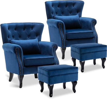Accent Reading Arm Chairs with Ottoman Set of 2 for Living Room Bedroom, Midcentury Modern Corner Sofa Chair, Wingback Waiting Room Club Chair with Tufted Back &Lumbar Pillow, Velvet Blue