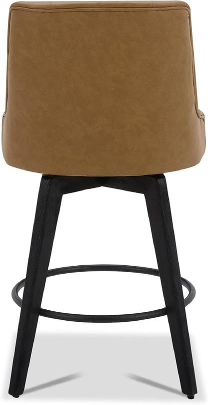 Watson & Whitely Counter Height Bar Stools, Faux Leather Upholstered Modern Swivel Barstool with Back, Solid Wood Legs, 26" H Seat, Cognac
