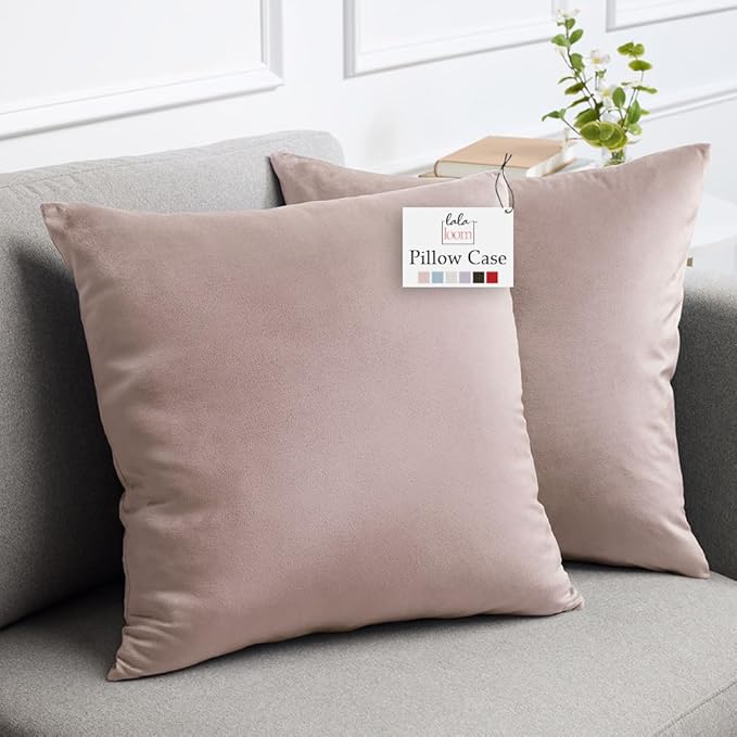 lalaLOOM Velvet Throw Pillow Covers, Set of 2 Decorative Square Pillows Home Decor, Soft Accent Cases, Silky Machine Washable Pillowcases for Sofa, Couch, Bedroom, Living Room, 16x16, Petal Pink