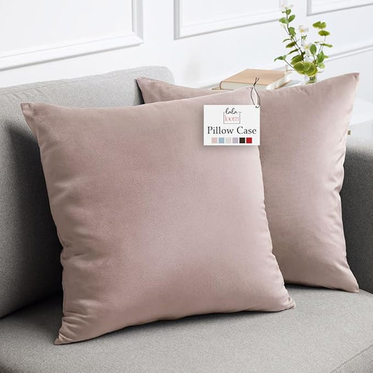 lalaLOOM Velvet Throw Pillow Covers, Set of 2 Decorative Square Pillows Home Decor, Soft Accent Cases, Silky Machine Washable Pillowcases for Sofa, Couch, Bedroom, Living Room, 16x16, Petal Pink