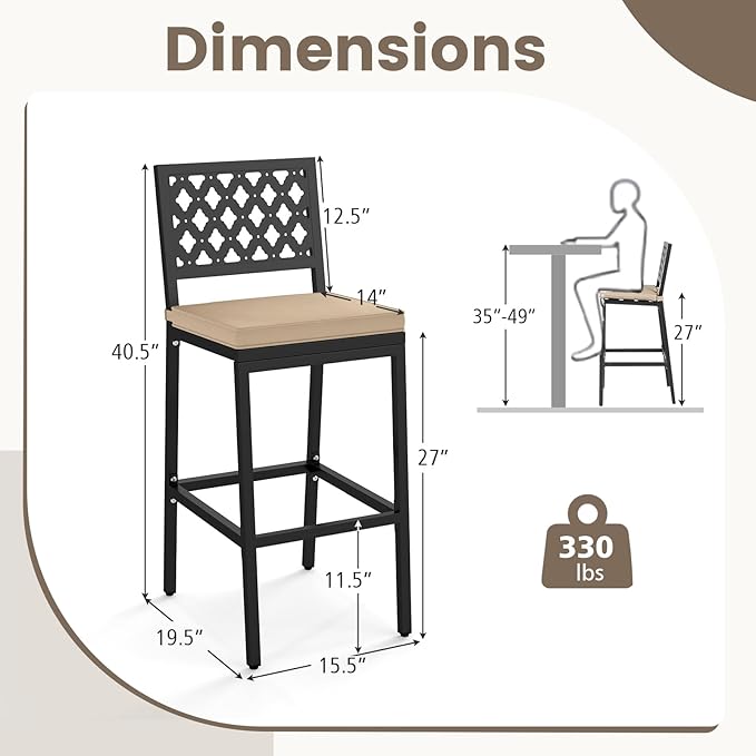 COSTWAY Outdoor Bar Chairs Set of 2, Armless Heavy-Duty Metal Frame Counter Height Chairs with Removable Cushions, Footrest, Ergonomic Backrest, Upholstered Barstools for Patio, Poolside, Backyard