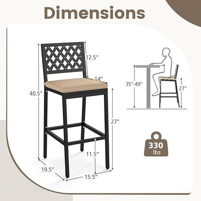 COSTWAY Outdoor Bar Chairs Set of 2, Armless Heavy-Duty Metal Frame Counter Height Chairs with Removable Cushions, Footrest, Ergonomic Backrest, Upholstered Barstools for Patio, Poolside, Backyard