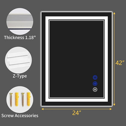 42"x24" LED Bathroom Mirror with Anti-Fog, Stepless Dimmable Lights, 3 Color Modes, Shatter-Proof Tempered Glass, Memory Function & Waterproof Design