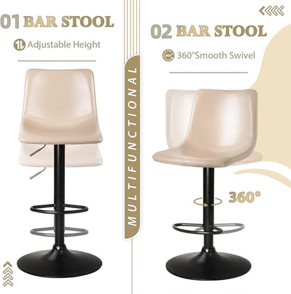 LEMBERI Bar Stools Set of 2, Modern Adjustable Swivel Bar Barstools Counter Height with Backrest, Faux Leather Upholstered Bar Chair for Kitchen Island, Beige
