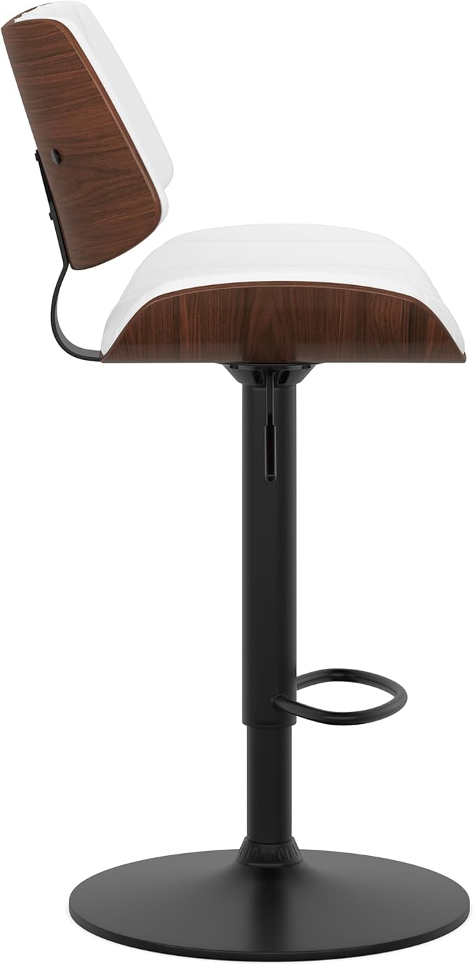 SIMPLIHOME Novak Adjustable Swivel Bar Stool - 33 inch Seat Height Upholstered Metal Chair in White Vegan Faux Leather, Mid Century Seating for Kitchen or Bar with Curved Bentwood Back