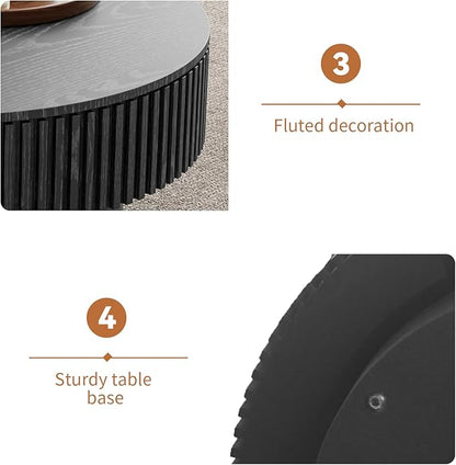31.5'' Round Coffee Table for Living Room, Fluted Coffee Table with Hidden Storage, Solid Wood Veneered Circle Table, Modern Tea Table for Small Space Apartment (Black)