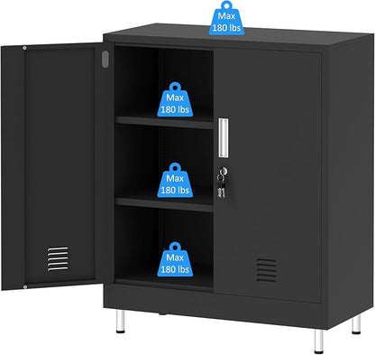 Metal Storage Cabinet with Locking Doors and Adjustable Shelves, Small Lockable Storage Cabinet for Home Office Garage Pantry Entryway Living Room (Black)