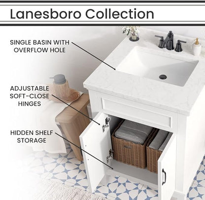 Hanover Lanesboro 24'' Vanity Cabinet with Sink Combo for Bathroom, Powder Room | Pre-Assembled Cabinet | 2 Doors | Accent Mirror | Artificial Stone Countertop, White Cabinet | HANVN0105-24-0WH