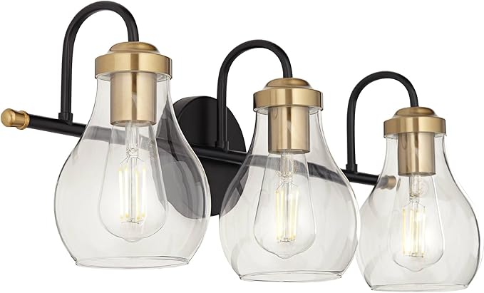 Possini Euro Design Brade Industrial Modern Wall Light Black Gold Hardwired 22 3/4" 3-Light Fixture Clear Glass Shades for Bedroom Bathroom Vanity Reading Living Room Hallway House Home Decor