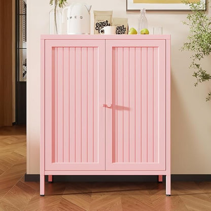 Living Room Cabinets, Pink Lockable Storage Cabinets with Doors and Shelves,2 Door Cabinet with high feet,Modern Metal Locker,Low Side Cupboard for Home,Office,Kitchen,Bathroom,Dining Room