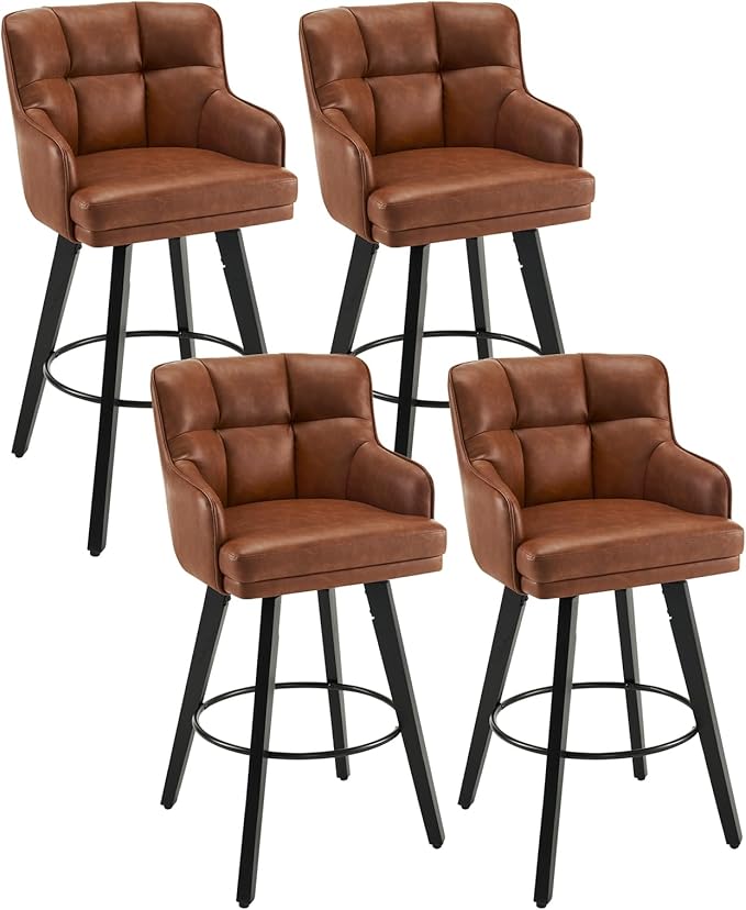 360°Swivel Counter Height Bar Stools with Back, 30 inch Solid Wood Legs, Bar Stool Modern Kitchen Island Chairs, Faux Leather (Brown- Faux Leather, 30" H- Set of 4)