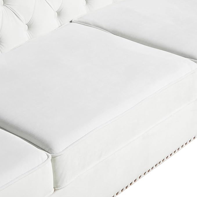 LEVNARY Chesterfield Loveseat Velvet, Upholstered Sofa with Button-Tufted Back, Mid-Century Modern Sofa with Solid Wood Legs, 2 Seater Couches for Living Room (White)