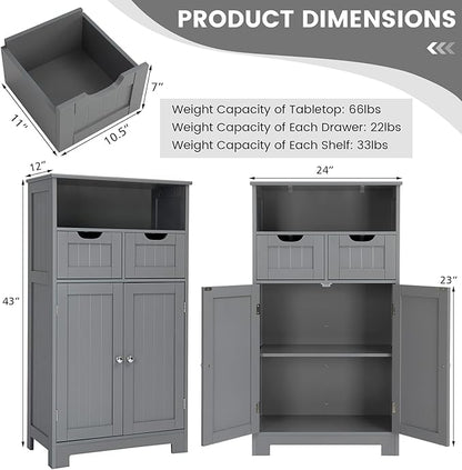 COSTWAY Bathroom Storage Cabinet, Freestanding Storage Organizer with 2 Drawers & Adjustable Shelf, Wooden Floor Cabinet for Living Room, Bedroom, Kitchen, Entryway (Gray)