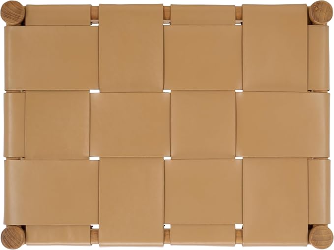 SAFAVIEH Couture Collection Devnie Tan Woven Leather & Natural Solid Wood Ottoman (Fully Assembled)