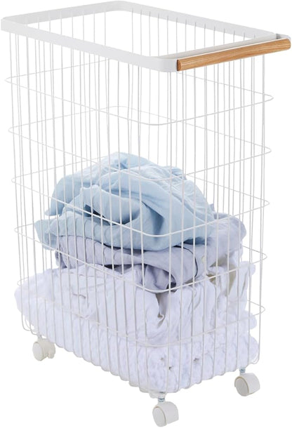 Yamazaki Home Wire Slim Saving Rolling Wheeled Clothing Hamper | Steel + Wood | Laundry Basket, One Size, White