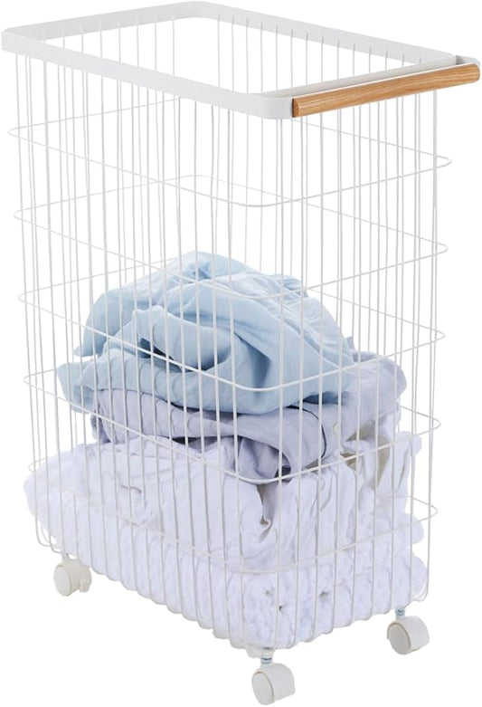 Yamazaki Home Wire Slim Saving Rolling Wheeled Clothing Hamper | Steel + Wood | Laundry Basket, One Size, White
