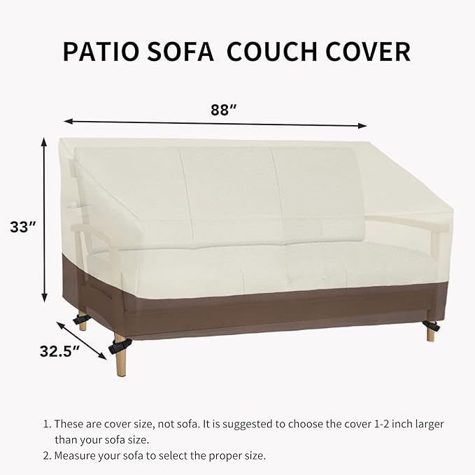 Easy-Going Waterproof Outdoor Couch Cover, Heavy Duty 3-Seater Patio Sofa Cover, Winchdproof Outdoor Furniture Cover with Air Vent (88Wx32.5Dx33H inch, Beige/Dark Brown)