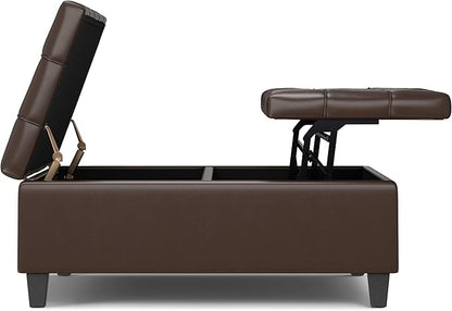 SIMPLIHOME Harrison 40 inch Wide Transitional Square Large Coffee Table Storage Ottoman in Chocolate Brown Vegan Faux Leather, Assembled, for The Living Room and Bedroom