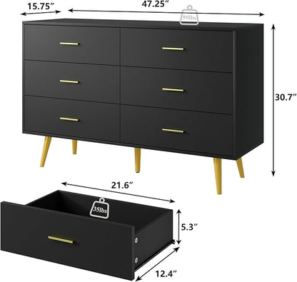 Dresser for Bedroom, 6 Drawer Black Wood Dresser with Golden Handles, Modern Wide Dressers & Chests of Storage Organizer Drawer for Entryway Hallway