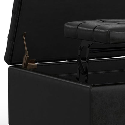 SIMPLIHOME Harrison 30 inch Wide Transitional Square Small Coffee Table Storage Ottoman in Midnight Black Vegan Faux Leather, Assembled, for The Living Room and Bedroom