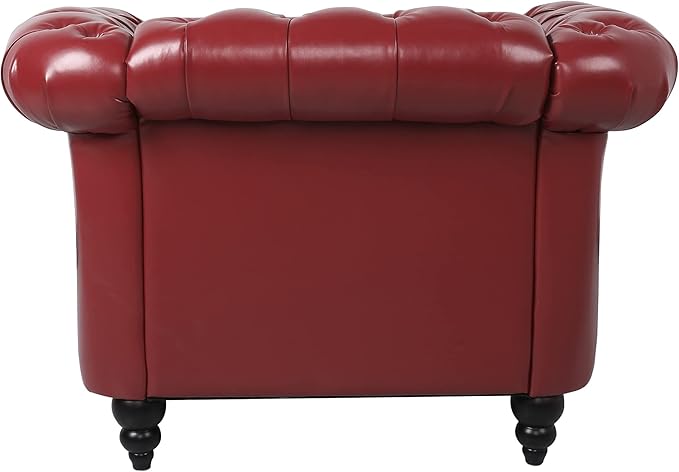 LEVNARY Leather Upholstered Armchair, Mid-Century Modern Single Sofa Chair with Rolled Arms and Nailhead, Tufted Pu Leather Chesterfield Chair for Home Bedroom Reading Room (Wine Red)