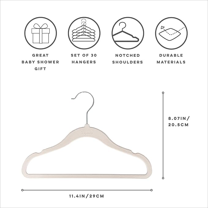 3 Sprouts Velvet Baby Hangers - Non-Slip Hanger for Infant, Toddler, Baby Clothes - Closet Kids Hangers with Slim Design, Nordic Colors, Pack of 30 - Assorted Cream, Grey, Hazelnut
