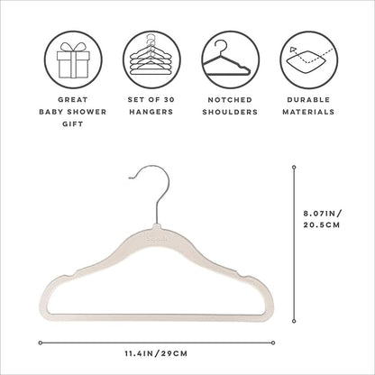 3 Sprouts Velvet Baby Hangers - Non-Slip Hanger for Infant, Toddler, Baby Clothes - Closet Kids Hangers with Slim Design, Nordic Colors, Pack of 30 - Assorted Cream, Grey, Hazelnut