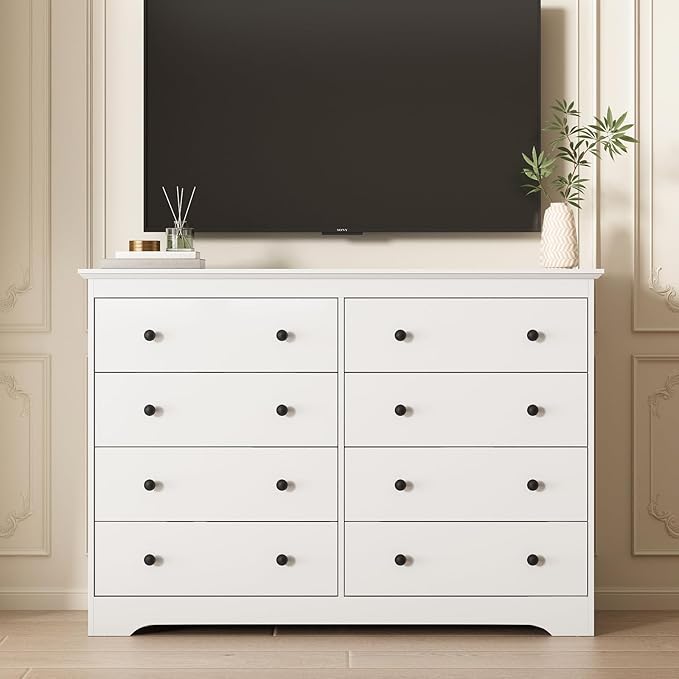 LYNSOM Modern 8 Drawer Dresser, 55.1" Wide Dressers & Chests of Drawers with Large Capacity Storage, Mid Century White Dresser for Bedroom, Hallway, White