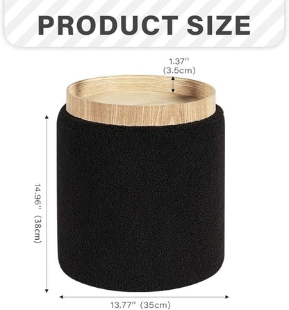 PINPLUS Storage Ottoman Round Boucle Ottoman with Tray, Teddy Velvet Footstool Cube for Living Room, Bedroom, Dorm 13.4"x13.4"x15" (Black)