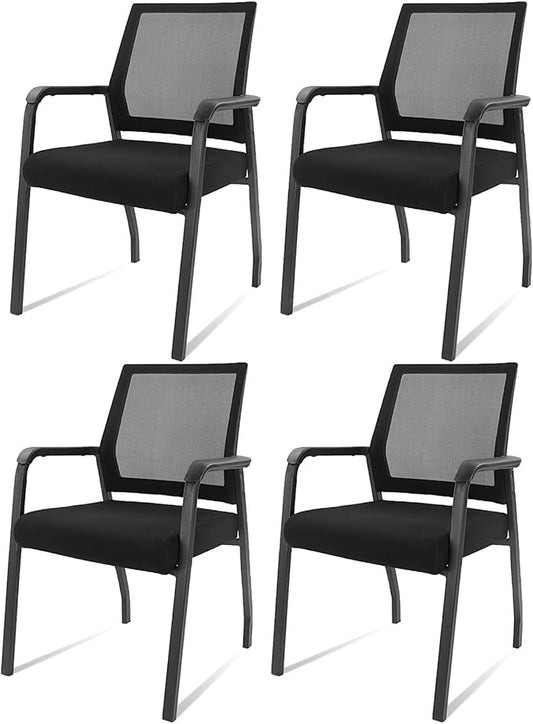 Ergonomic Mesh Guest Chair – No Wheels, Lumbar Support Design, Thick Cushion & Padded Arms – for Office Reception, School, Church Waiting Rooms, Lobby – Black 4PK