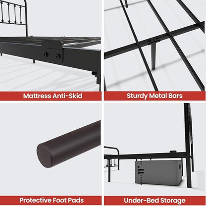 Golden Gate Beds Vintage Style Metal Bed Frame with Wrought Iron Headboard and Footboard, Classic Platform Bedframe with Storage, No Box Spring Needed, Mattress Foundation, Black, Full Size