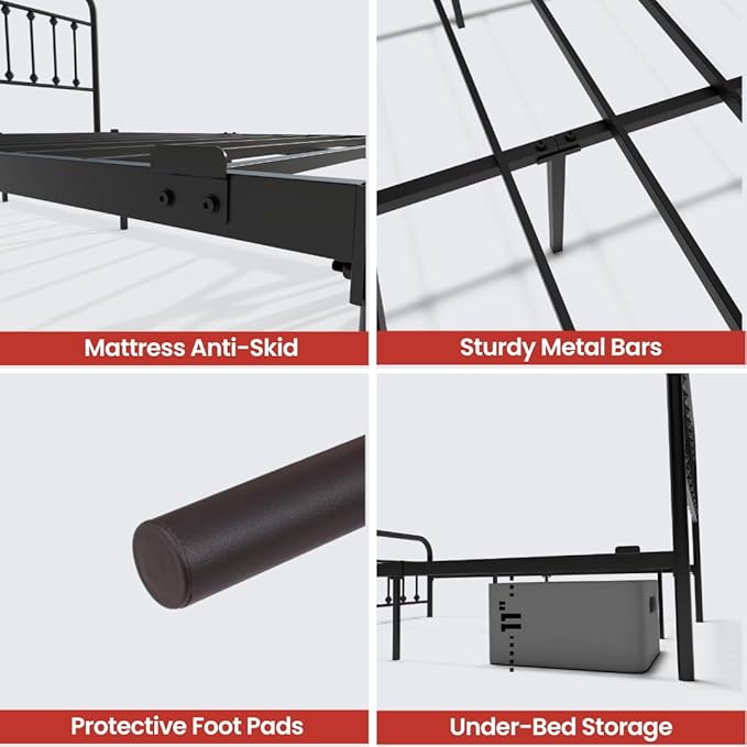 Golden Gate Beds Vintage Style Metal Bed Frame with Wrought Iron Headboard and Footboard, Classic Platform Bedframe with Storage, No Box Spring Needed, Mattress Foundation, Black, Queen Size