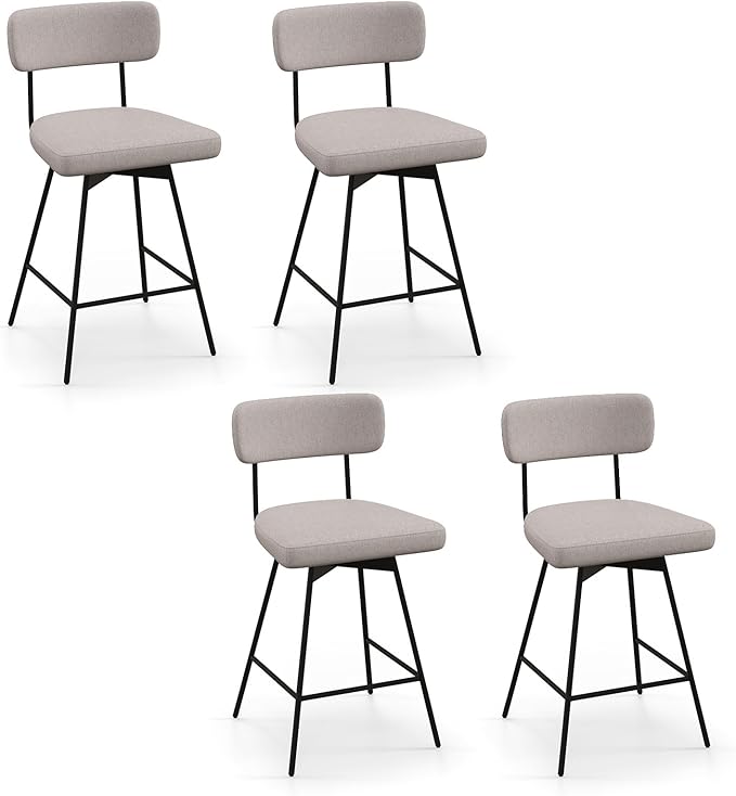 COSTWAY Bar Stools Set of 4, 25” Upholstered Counter Height Bar Stools with Back, 360° Swivel Dining Chairs with Heavy-Duty Metal Legs and Footrests, for Kitchen Island, Dining Room, Bar (4, Beige)