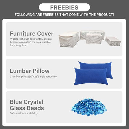 Rattaner Outdoor Patio Furniture 60000 BTU Outdoor Propane Fire Pit Table Patio Furniture Set 45" Outdoor Fire Pits 6 Pieces Patio Sofa Outdoor Chairs Anti-Slip Cushions Waterproof Covers, Royal Blue