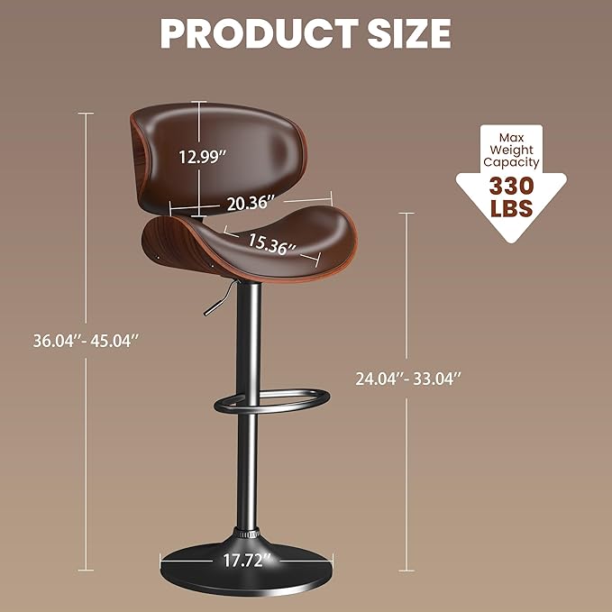 Bar Stools Set of 2, Bar Stools for Kitchen Island with Bentwood Back and Leather Seat, Swivel Barstools for Kitchen Counter, Bar, Brown