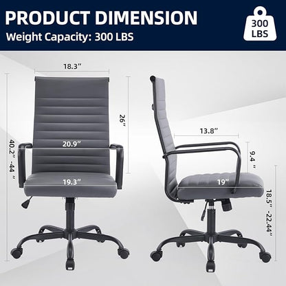 Office Chair, Ergonomic Executive Conference Room Chairs, Ribbed Leather Desk Chair with Lumbar Support, Adjustable Height Mid-Back Swivel Chair with Padded Seat