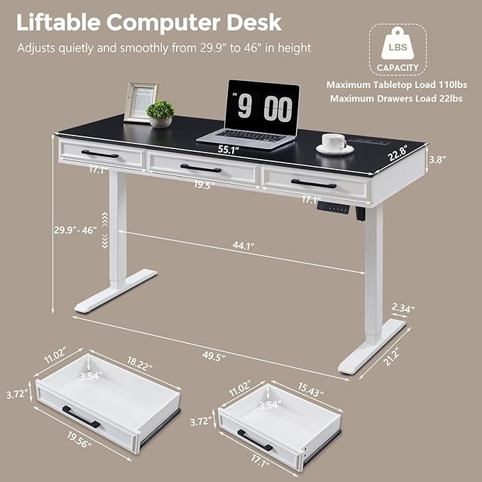 55x22 Inch Electric Standing Desk with One-Piece Desktop, Adjustable Height Computer Desk with 3 Storage Drawers & Power Outlets, Sit to Stand Up, Gaming Table for Home Office and Study, White